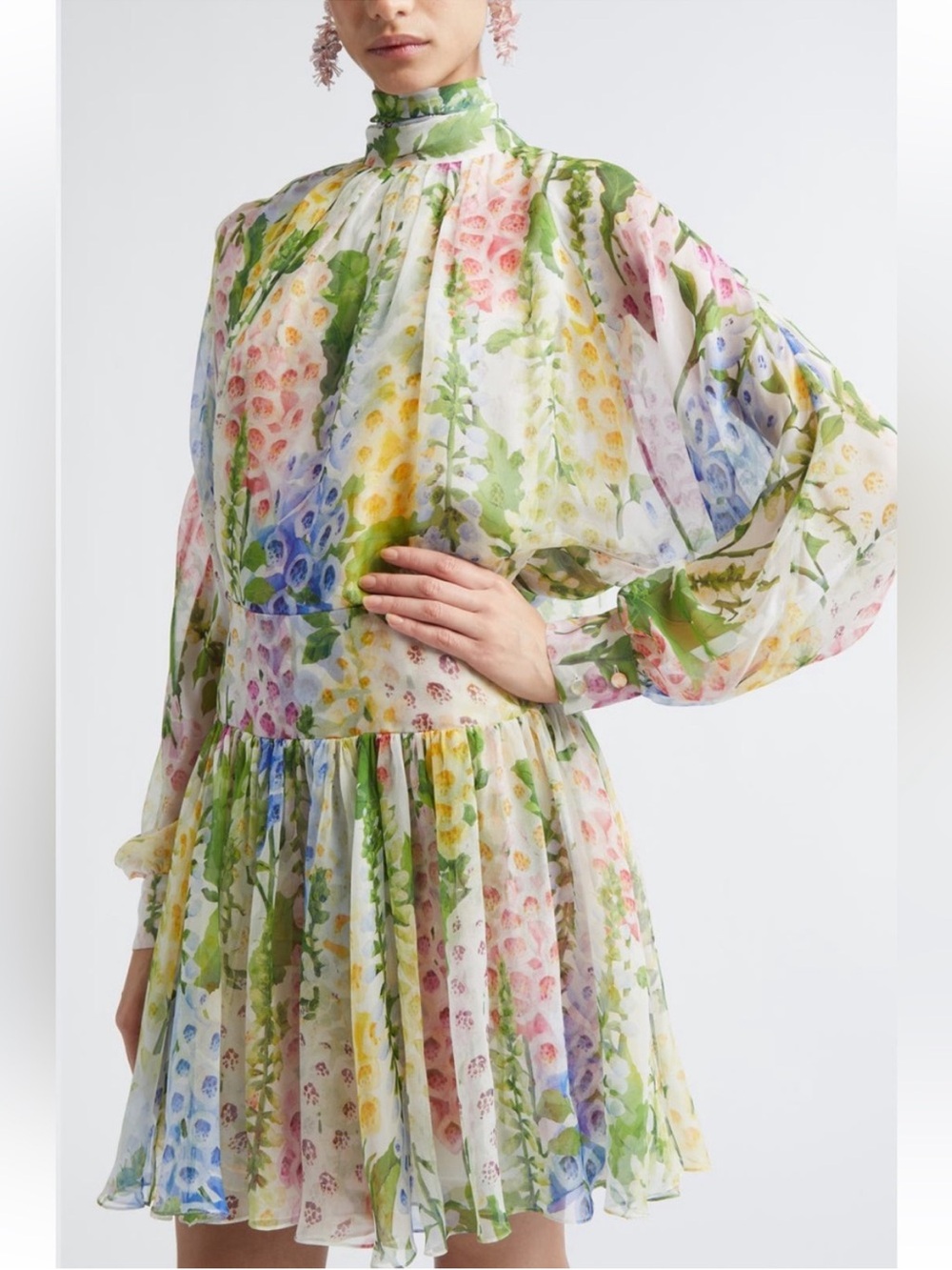 Oscar de la Renta Foxglove Long Sleeve Silk Chiffon Dress - Picture 6 of 7